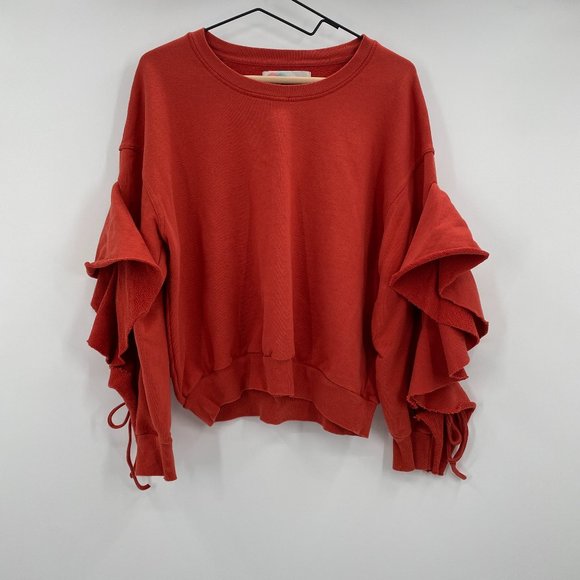Free People Red Ruffled Sleeve Sweatshirt - Picture 1 of 8